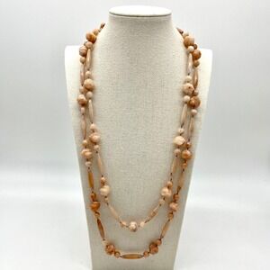 Long Beaded Necklace Peach Faux Stone Beads Double‎ Strand Fashion Jewelry